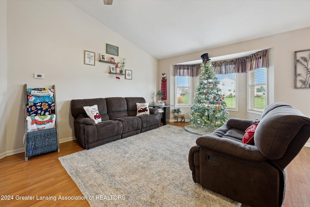 living room featuring hardwood / wood-style flooring and lofted ceiling