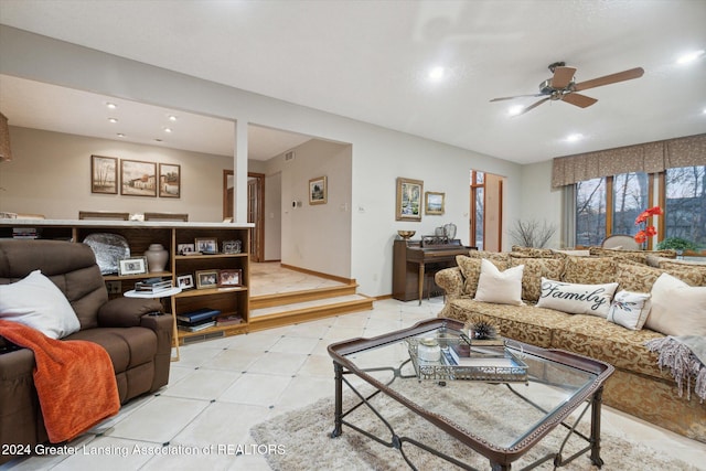 living room featuring ceiling fan