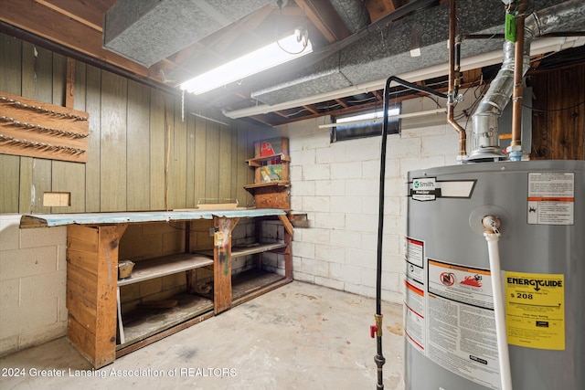 basement with wooden walls and gas water heater