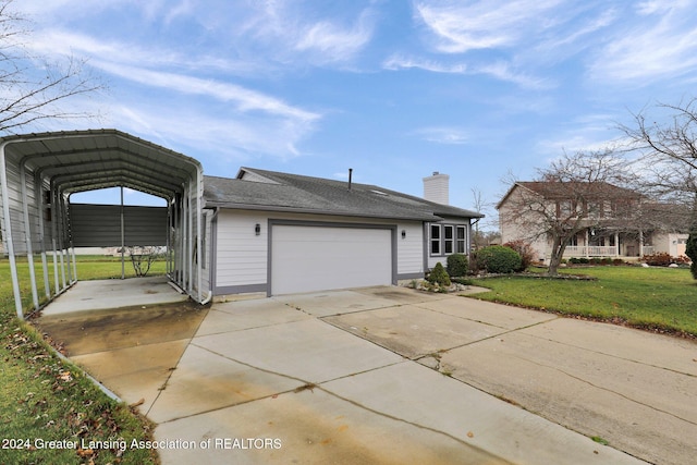 view of front of house with a front lawn, a garage, and a carport