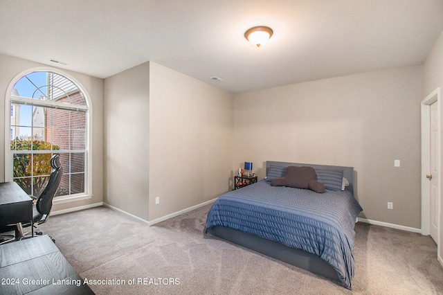 bedroom with light carpet