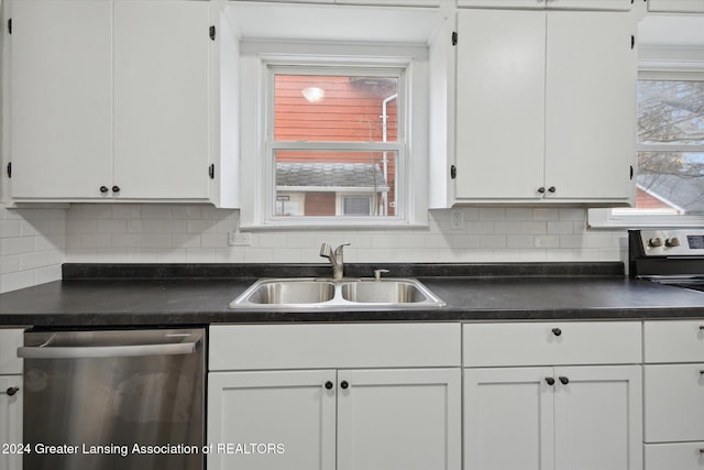 kitchen with backsplash, dishwasher, white cabinets, and sink