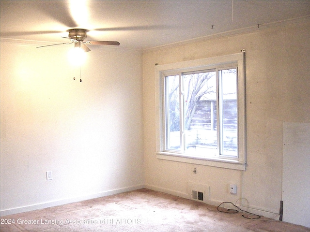 carpeted empty room with ceiling fan and crown molding