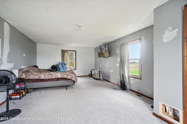 carpeted bedroom with a textured ceiling