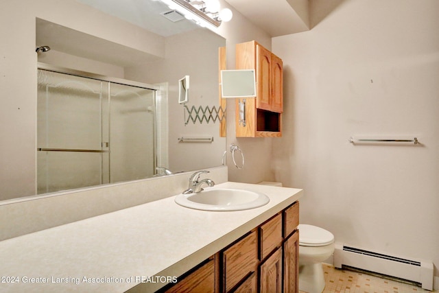 bathroom with vanity, a baseboard radiator, toilet, and a shower with shower door