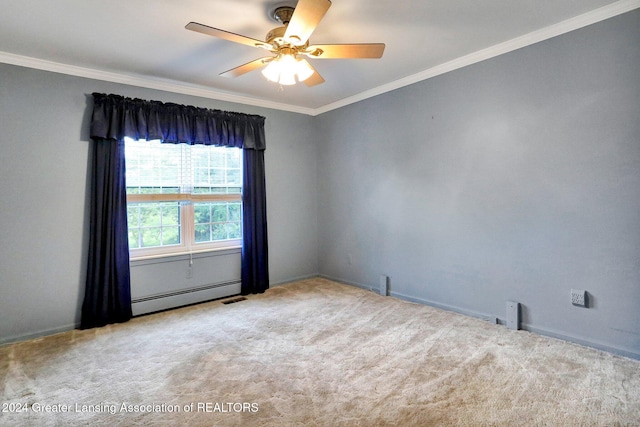 empty room featuring light carpet, a baseboard radiator, ceiling fan, and ornamental molding