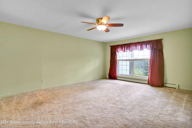 carpeted empty room with ceiling fan and baseboard heating