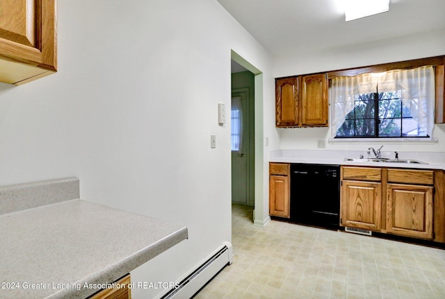 kitchen with sink, black dishwasher, and a baseboard heating unit