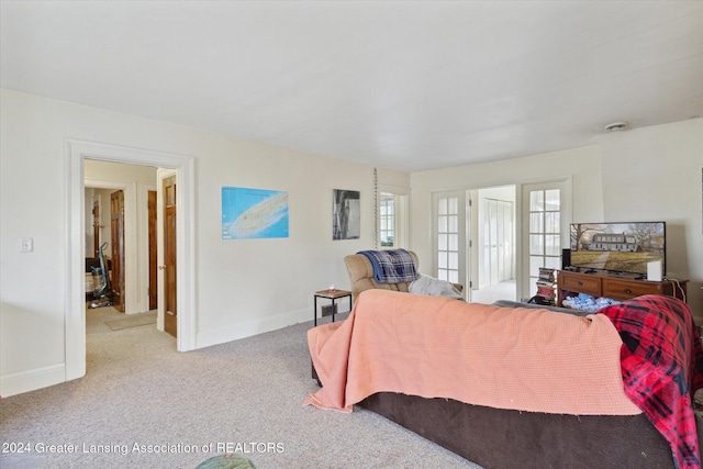 bedroom with light carpet