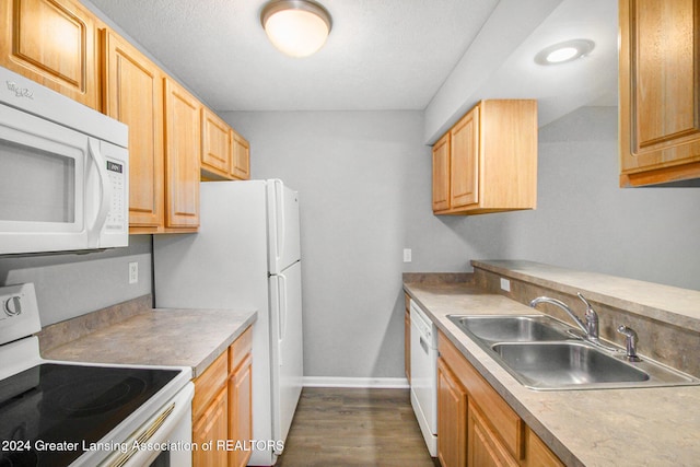 kitchen with a textured ceiling, dark hardwood / wood-style flooring, sink, and white appliances