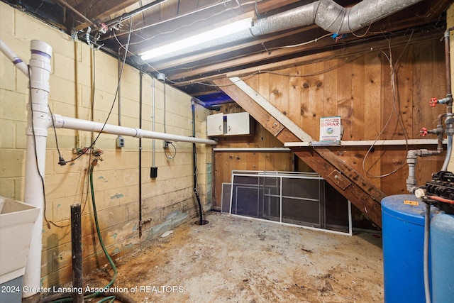 basement with wood walls and sink