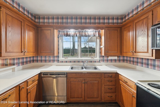 kitchen featuring white range with electric stovetop, decorative backsplash, dishwasher, and sink