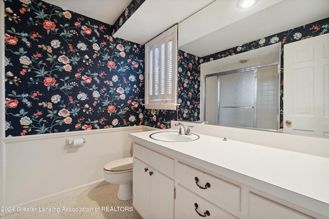 bathroom with vanity, toilet, and walk in shower