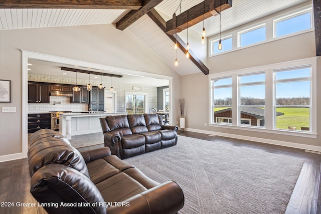 living room featuring beam ceiling, dark hardwood / wood-style flooring, sink, and high vaulted ceiling