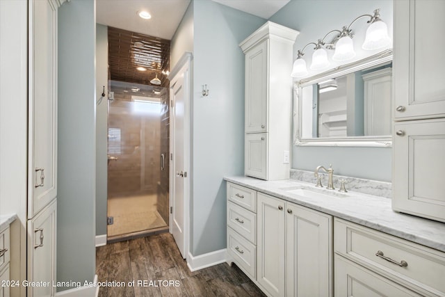 bathroom with vanity, hardwood / wood-style flooring, and walk in shower