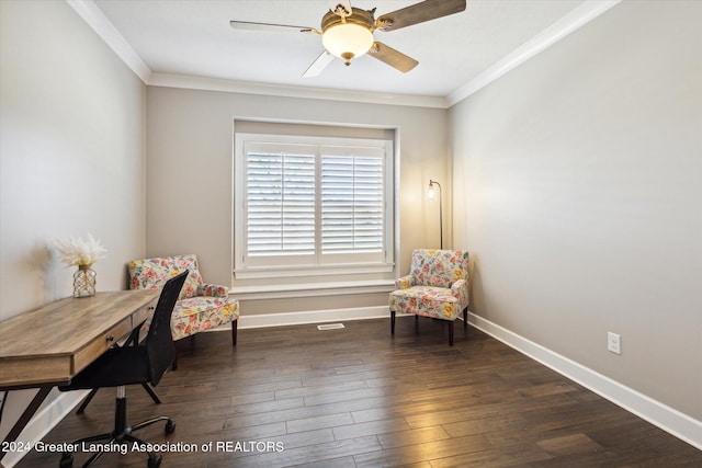 sitting room featuring ceiling fan, dark hardwood / wood-style flooring, and crown molding