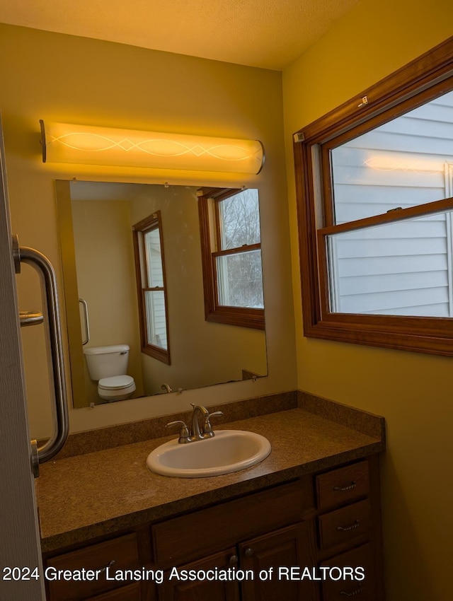 bathroom with vanity, toilet, and a textured ceiling