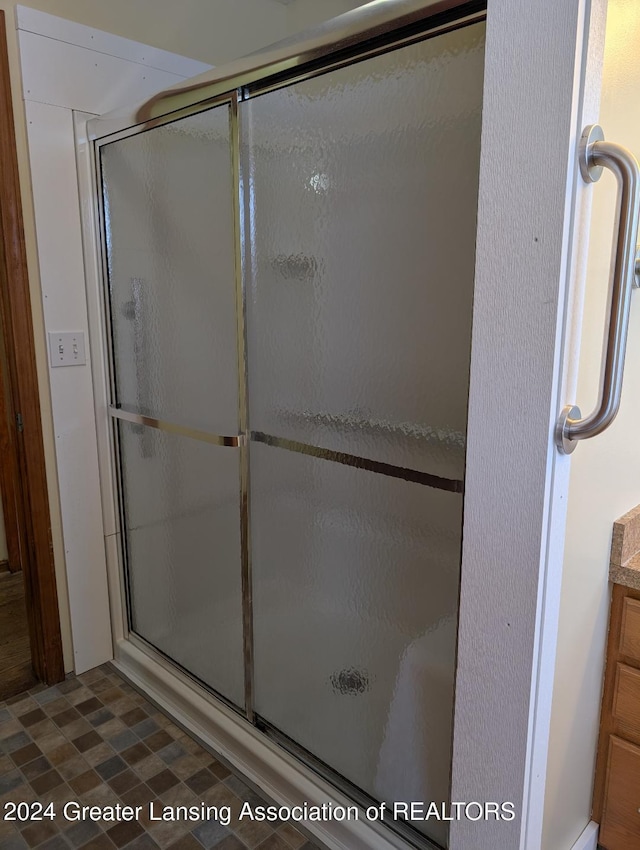 bathroom featuring vanity and a shower with shower door