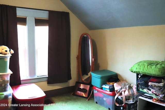 carpeted bedroom with lofted ceiling