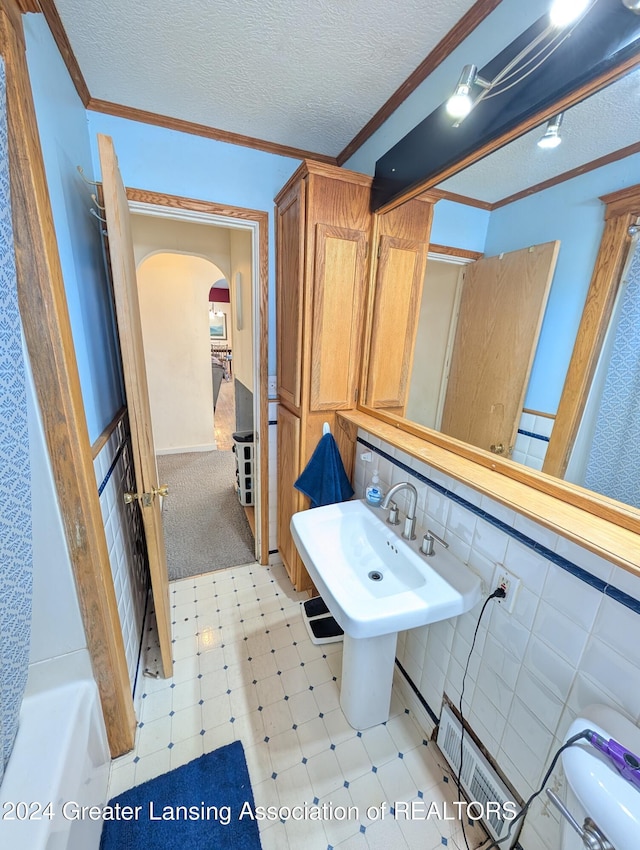 bathroom featuring crown molding, sink, and a textured ceiling