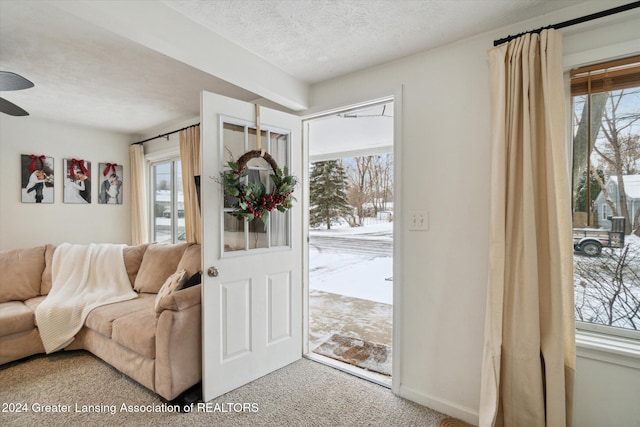 doorway to outside with light carpet and a textured ceiling