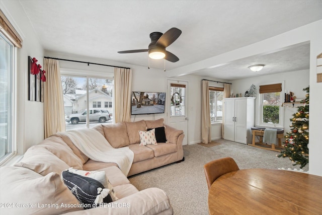 carpeted living room featuring a textured ceiling, plenty of natural light, and ceiling fan