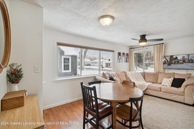 dining room featuring ceiling fan, a healthy amount of sunlight, a textured ceiling, and wood-type flooring