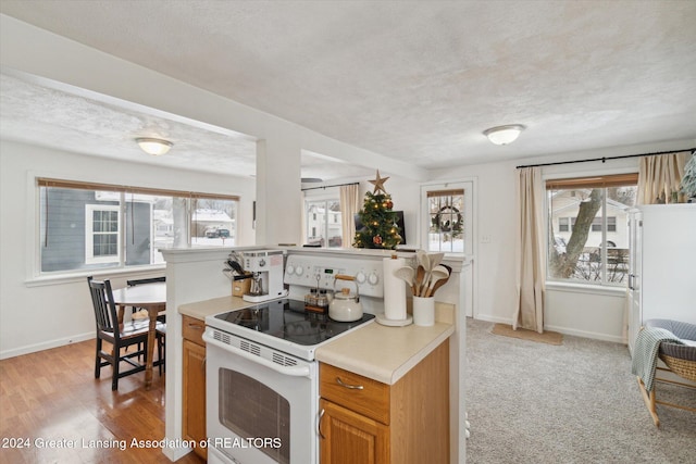 kitchen with white electric range oven, plenty of natural light, a textured ceiling, and light hardwood / wood-style flooring