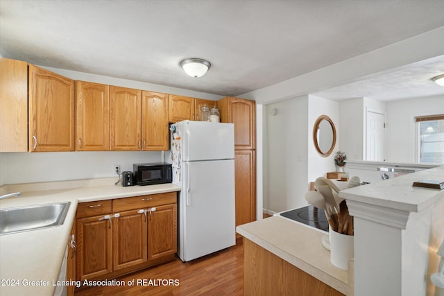 kitchen with white refrigerator, light hardwood / wood-style flooring, and sink