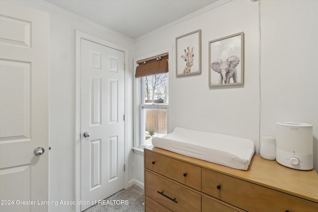 carpeted bedroom featuring crown molding