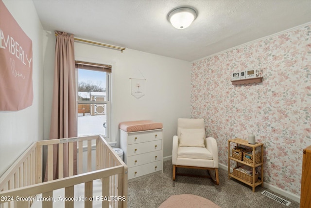 bedroom featuring light colored carpet, a textured ceiling, and a nursery area