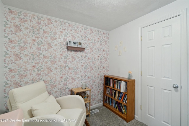 sitting room with carpet flooring and a textured ceiling