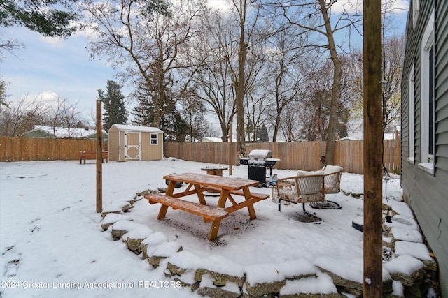 yard layered in snow with a storage unit