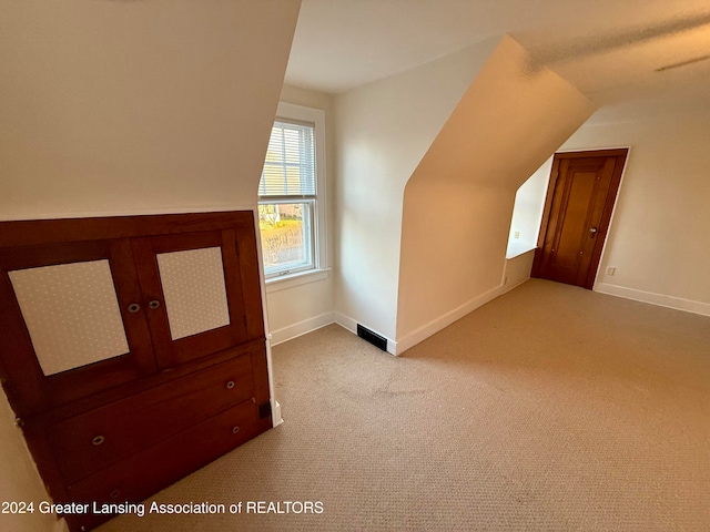 additional living space featuring light colored carpet and vaulted ceiling