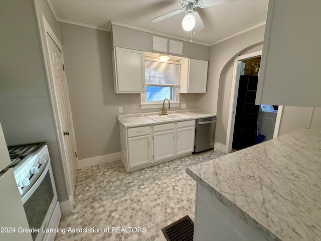 kitchen featuring crown molding, dishwasher, white cabinets, and sink