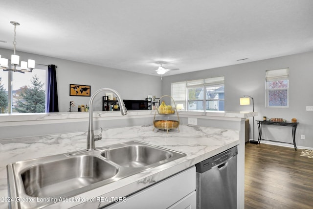 kitchen with dishwasher, a sink, white cabinets, ceiling fan with notable chandelier, and dark wood-style floors