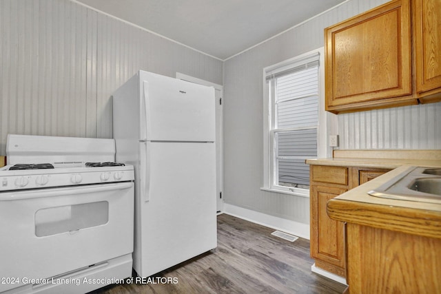 kitchen featuring hardwood / wood-style floors, white appliances, a healthy amount of sunlight, and sink