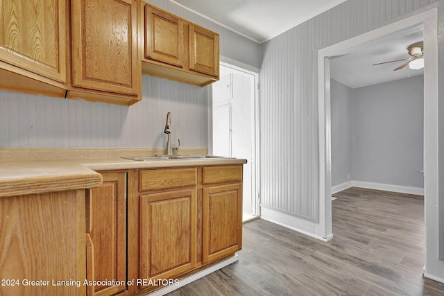 kitchen with ceiling fan, sink, and light hardwood / wood-style floors