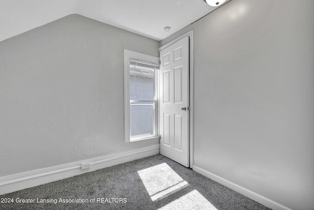 empty room with carpet flooring and lofted ceiling