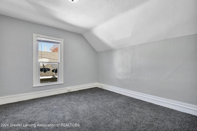 bonus room with carpet flooring, a textured ceiling, and vaulted ceiling