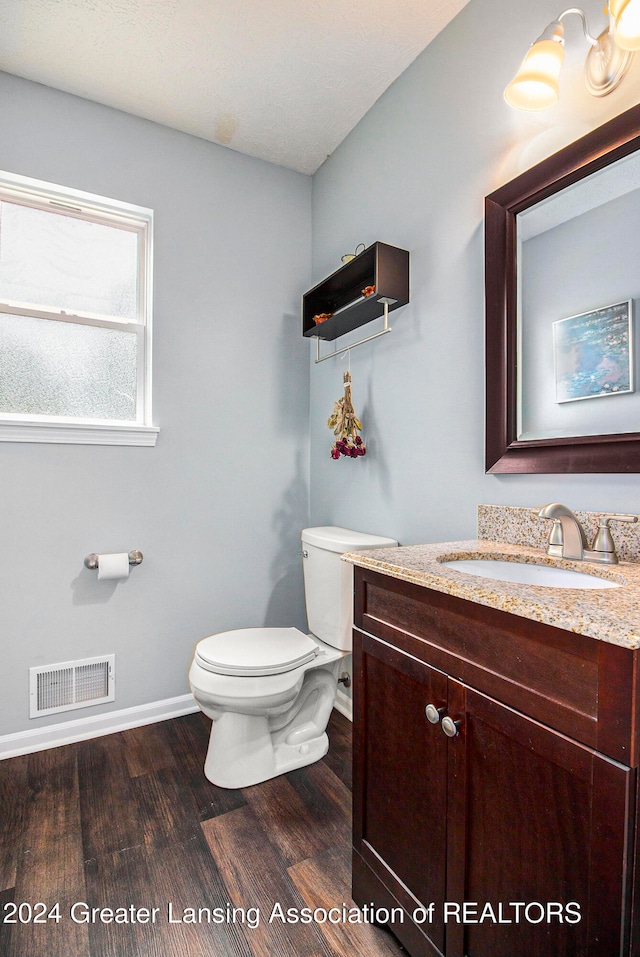 bathroom with hardwood / wood-style floors, vanity, and toilet