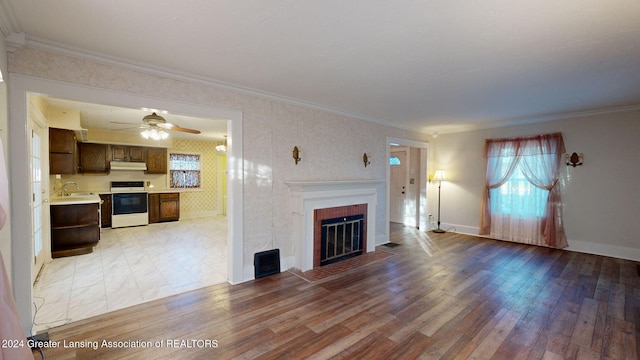 living room with ceiling fan, sink, crown molding, light hardwood / wood-style floors, and a fireplace