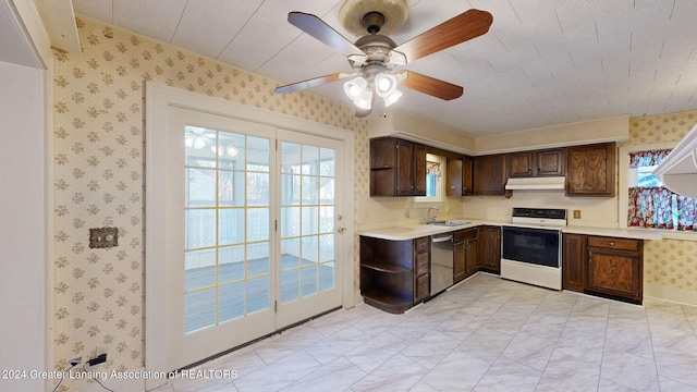 kitchen with dishwasher, sink, ceiling fan, white range with electric stovetop, and dark brown cabinetry