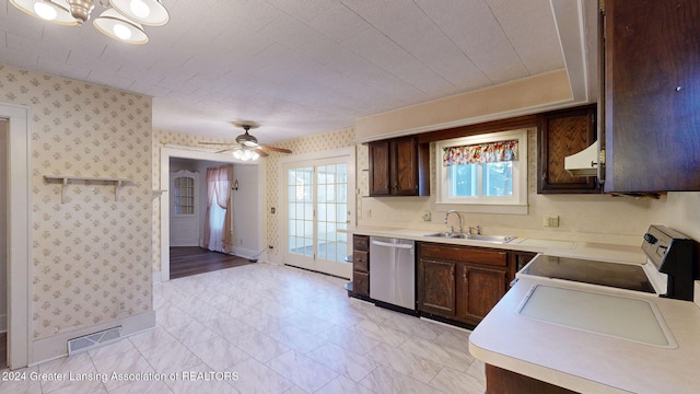 kitchen with custom range hood, ceiling fan, sink, dishwasher, and white electric range