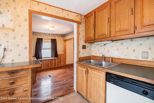 kitchen with white dishwasher, light hardwood / wood-style flooring, and sink