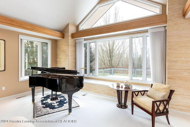 sitting room with wood walls, carpet, and lofted ceiling