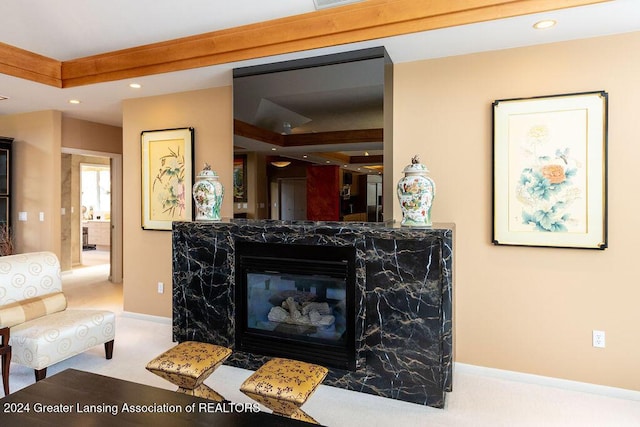 room details featuring carpet flooring and a fireplace