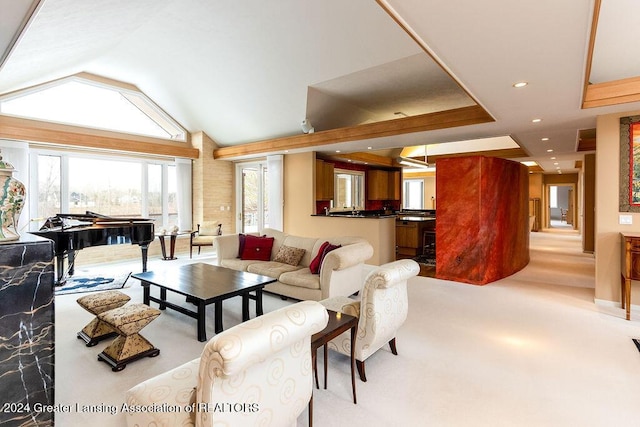 carpeted living room with vaulted ceiling