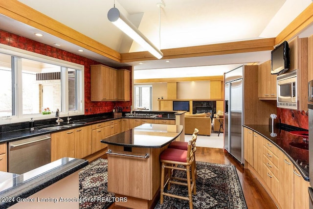 kitchen featuring built in appliances, dark wood-type flooring, a kitchen island, and a healthy amount of sunlight