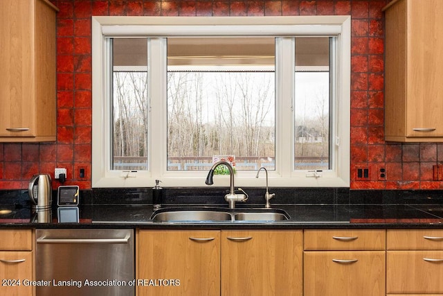 kitchen featuring stainless steel dishwasher, plenty of natural light, dark stone countertops, and sink